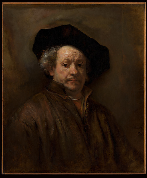 Rembrandt's 1660 Self-Portrait showing the illuminated face in dark cap and brown robe confronting the viewer.