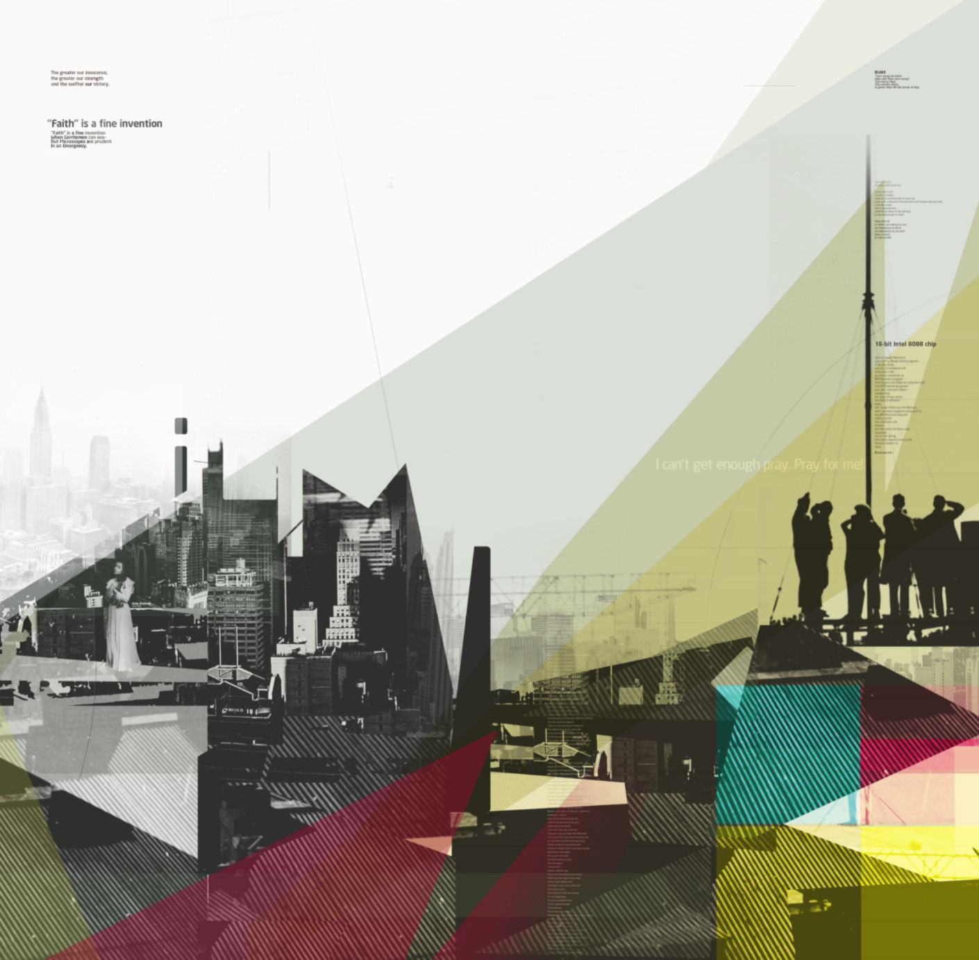 Layered digital composition of urban architectural details, silhouettes, and typography from Faith Is a Fine Invention.