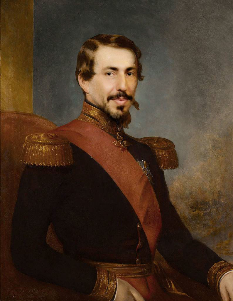 Contemporary face inserted into a historical portrait with uniform, sash, and military decorations from My Incidental Reincarnations.