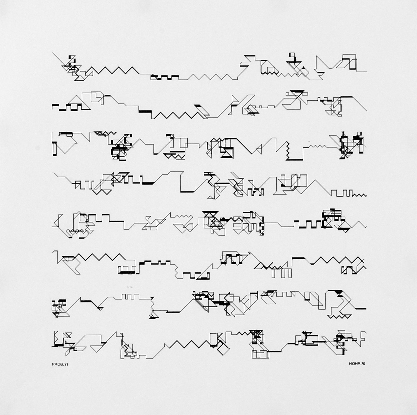 Manfred Mohr, P021-G, 1970. Algorithmic plotter drawing on paper.